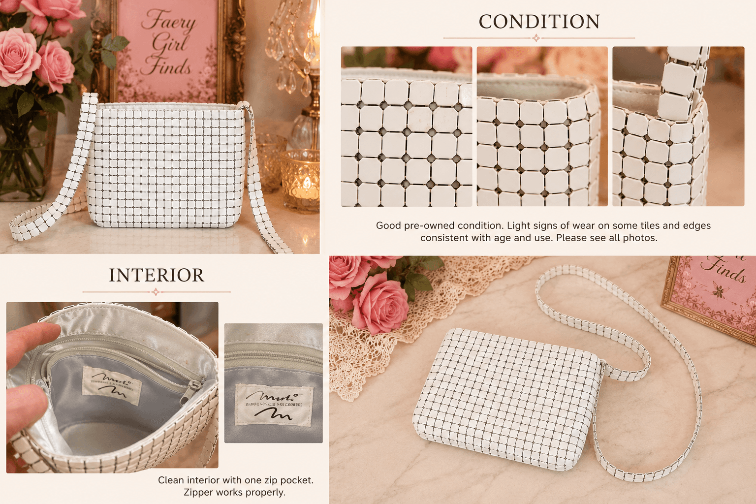 Mario White Metal Tile Mesh Shoulder Bag | Y2K Mod Handbag photo 3
