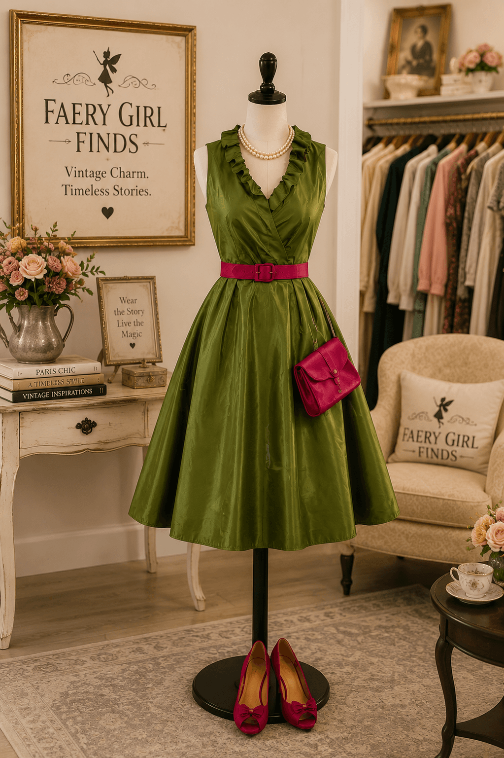 1940s Olive Green Vintage Glam Dress | Cranberry Accent Pin-Up Midi | Old Hollywood Elegance (Size 4) photo 2