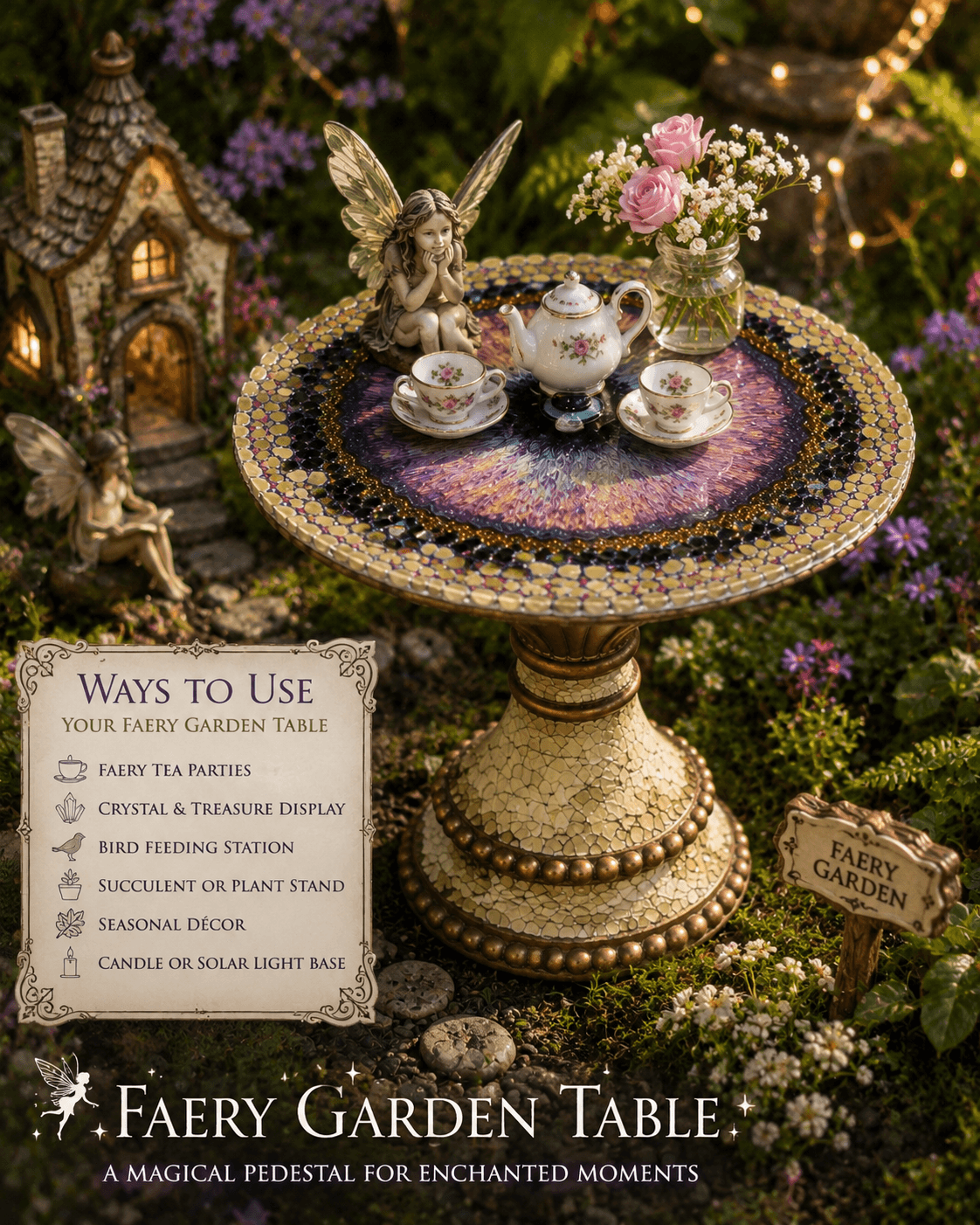 Handcrafted Faery Garden Table Pedestal | One-of-a-Kind Resin Art | Whimsical Garden Décor photo 3