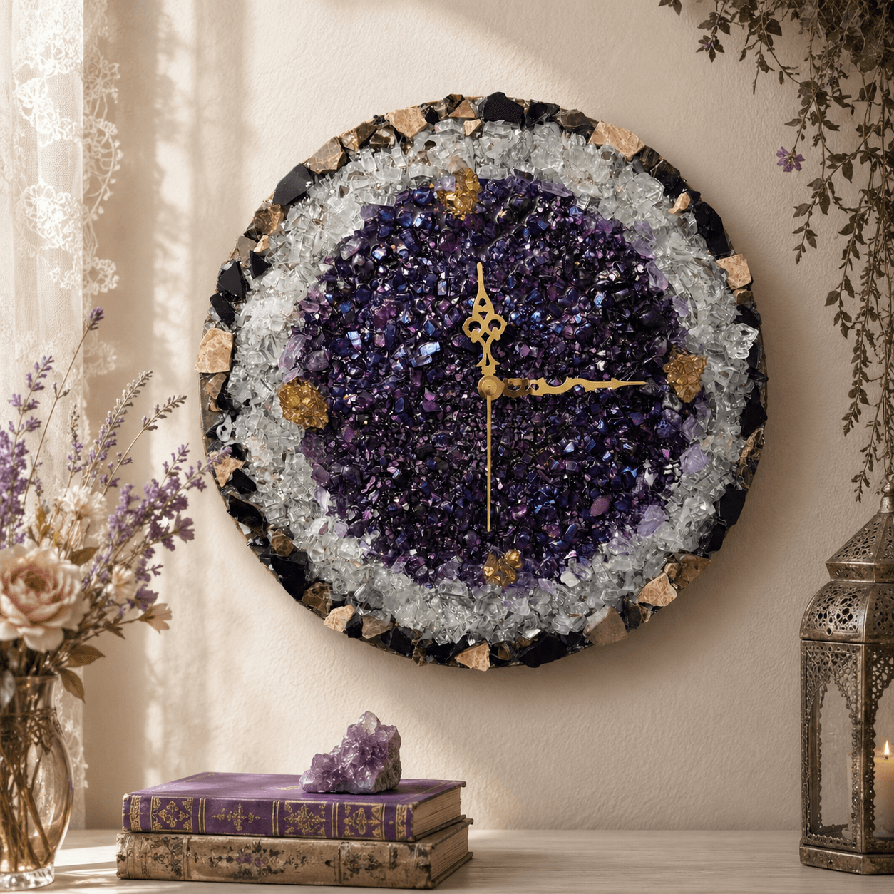 💜 Handcrafted Amethyst-Inspired Glass, Stone & Resin Wall Clock