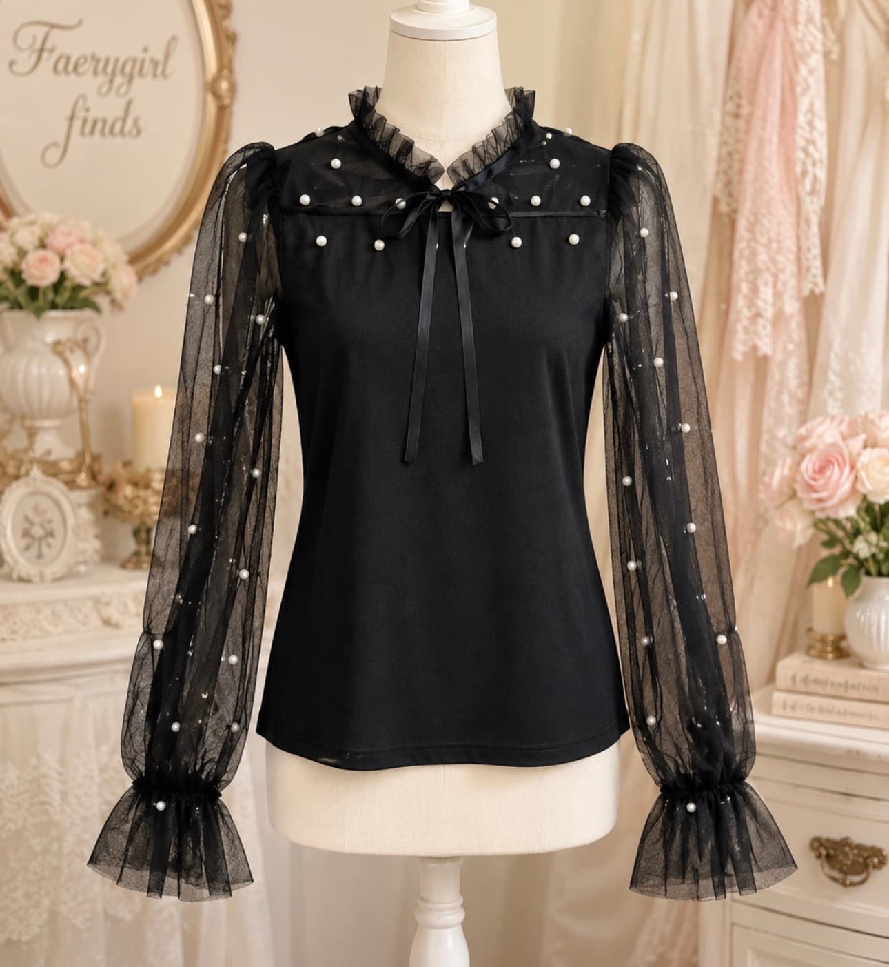 Black Pearl Sheer Sleeve Blouse – Size Medium