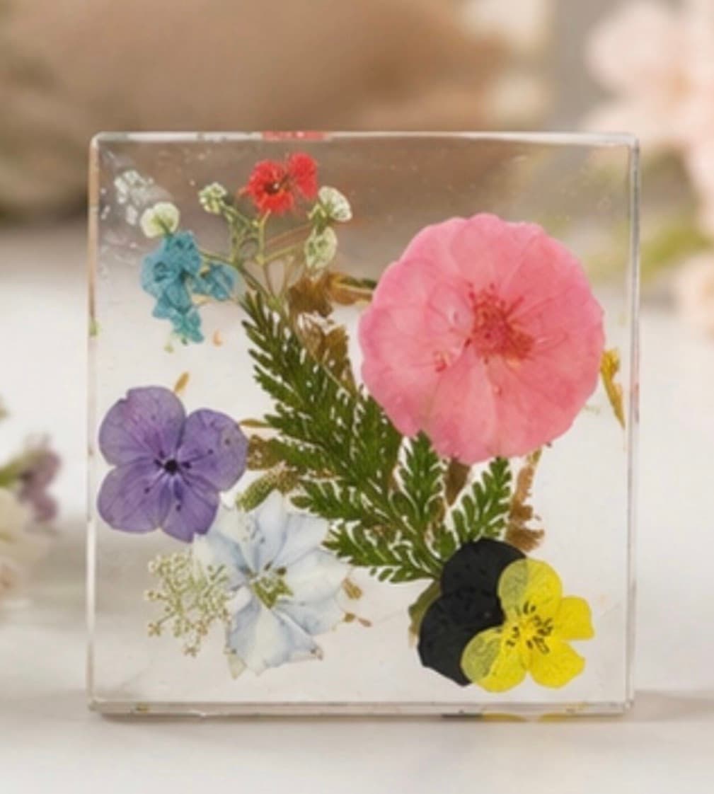 Pressed Flower Resin Coaster Set with Matching Holder
