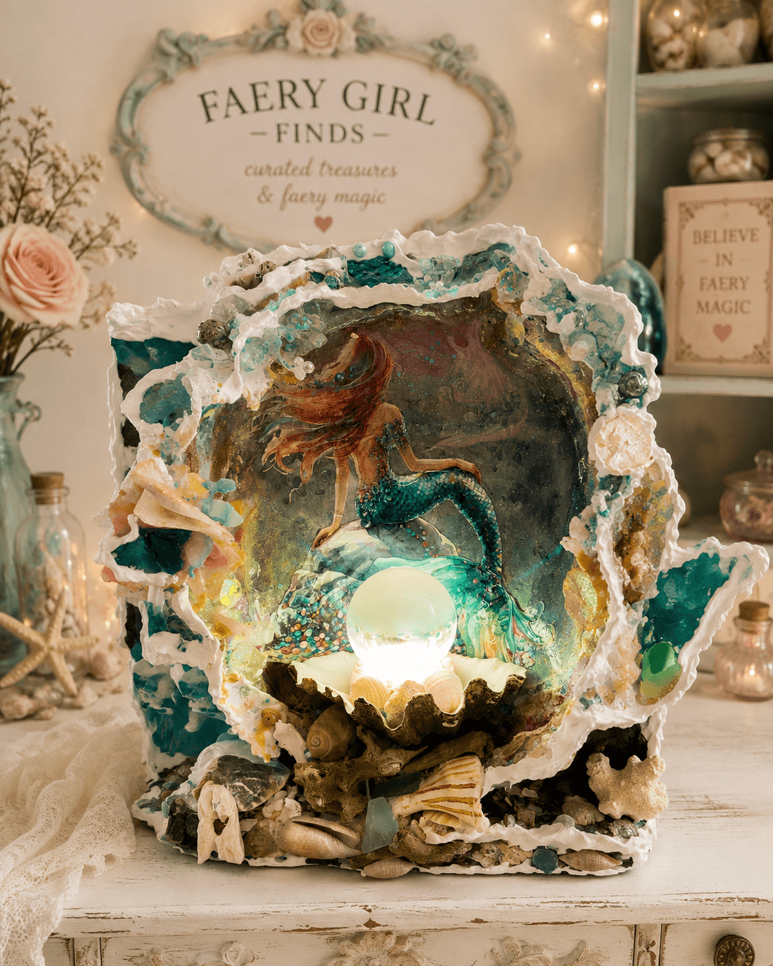 Enchanted Mermaid Grotto – One-of-a-Kind Handmade Lighted Art Lamp photo 3